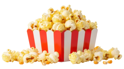 Delicious popcorn in a red and white striped container isolated PNG, classic movie snack for cinema and entertainment on transparent background