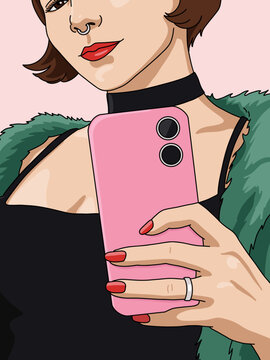 Cropped Vector Illustration Portrait of a Young Woman with Red Lips and Nails Using Pink Smartphone, Smiling, Wearing a Fur Coat Isolated with Copy Space