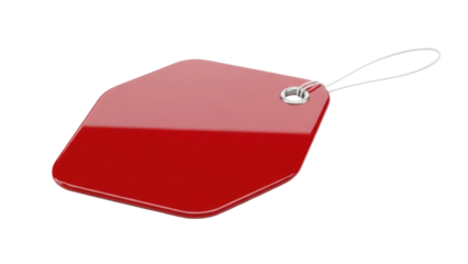 Shiny red price tag isolated PNG on transparent background, blank label for retail sales and product promotion