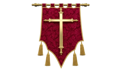 Ornate red and gold banner with cross isolated PNG, religious symbol on transparent background for church decoration and design