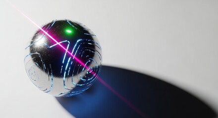 Metallic sphere with light beam and shadow on white surface
