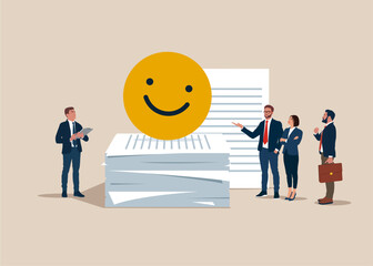 Happy smiley face celebrating on a lot of documents after signing business agreement document. Business deal, agreement, contract. Flat vector illustration © Vadym