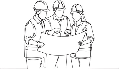 Three construction workers in hard hats looking at blueprint