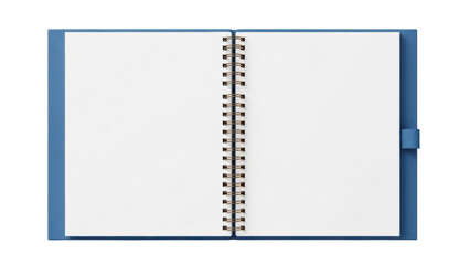 Open blue spiral notebook PNG isolated on transparent background, blank pages for writing notes or creating a journal, school or office supply