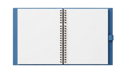 Open blue spiral notebook PNG isolated on transparent background, blank pages for writing notes or creating a journal, school or office supply