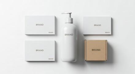 Minimalistic product arrangement featuring a white bottle and packaging elements