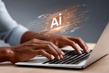 Professional typing on a laptop with AI holograms and futuristic data visuals for tech and innovation concepts