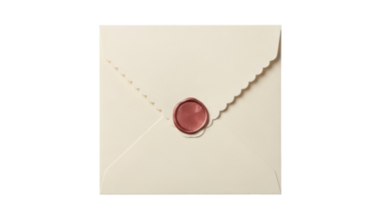 Elegant ivory envelope with scalloped edge and rose wax seal isolated PNG, stationery for invitations and special occasions on transparent background