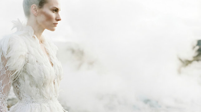 Woman bride eloping in dramatic northern landscape. Adventure wedding elopement concept, exploring wild nature, romantic destination marriage outdoor.