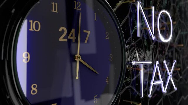 No Tax 24 to 7 text neon. Clock.Around the clock seamless. No tax charge context of business 3d Animation