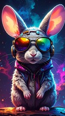 Cyberpunk rabbit sports headphones and rainbow glasses amidst a swirling cosmic backdrop