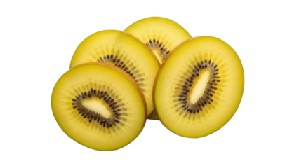 Golden kiwi slices isolated PNG on transparent background, fresh yellow kiwifruit cut pieces for healthy eating and fruit salad