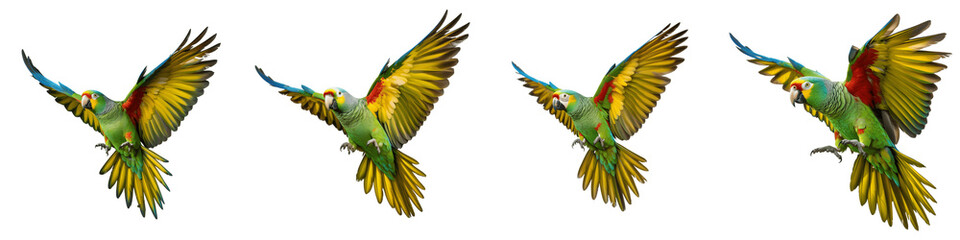 Obraz premium Four colorful parrots in flight isolated on transparent background