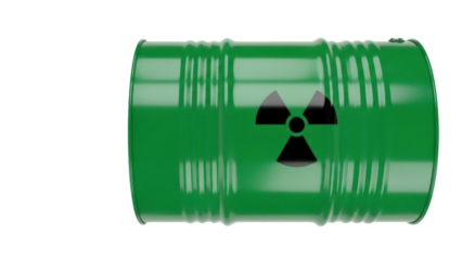 Green barrel with radiation symbol isolated PNG, radioactive waste container for hazardous materials and environmental safety on transparent background