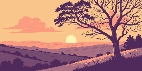 Minimal Sunset Mountain Landscape Vector Illustration