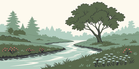 Clean Flat River Landscape Vector Illustration with Trees and Mountains for Nature Background