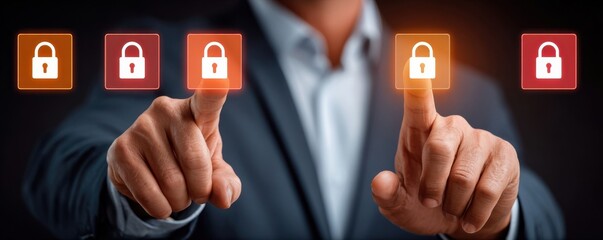 Business professional taps security icons on a digital lock interface for cybersecurity and data protection