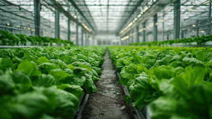 Vast indoor hydroponic farm filled with rows of lush green lettuce plants thriving in controlled environment under glass roof structure with natural light filtering