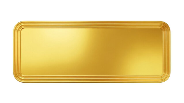Shiny golden nameplate PNG isolated on transparent background, blank metal plate for awards and signage with rounded corners and elegant design