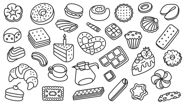 Dessert doodle sketch. Donut, croissant and macaron, cracker and biscuit, cake for bakery or cafe menu, cute packaging and confectionery branding. Hand drawn vector set, black outline for sweet food