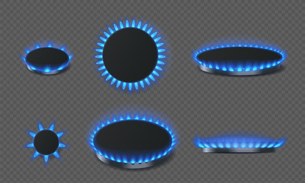 Gas burner set with blue flames, realistic fire rings for kitchen stove. Front and top view glowing natural gas burner ring, propane butane oven, hob cooker element. Vector isolated set