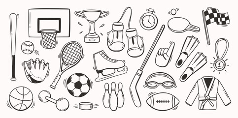 Sports equipment doodle. Line balls and baseball, soccer and basketball, tennis and boxing gear for competition, fitness and winner, team sticker. Vector symbols for game, workout logo, athletic art © WinWin
