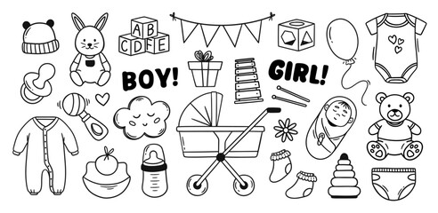 Naklejka premium Baby accessories doodle with hand drawn stroller and pacifier for newborn, baby shower invitation and nursery or gender reveal design. Vector set of infant symbols for gift, kids clipart isolated set