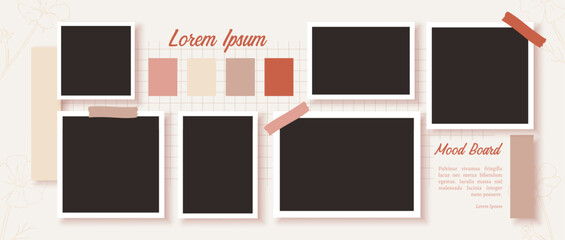 Scrapbook mood board with photo frame collage and sticky tape for aesthetic branding presentation, social media banner, portfolio or marketing template. Vector cute creative mockup