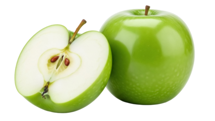 Fresh green Granny Smith apples, one cut in half isolated PNG, healthy fruit for cooking and eating on transparent background