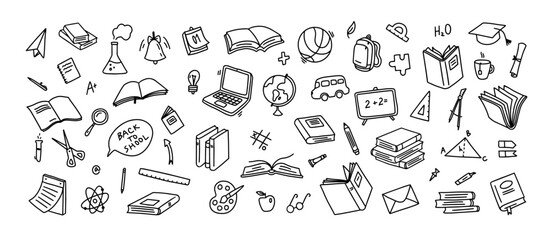 Education doodle icons. Hand drawn school textbooks and laptops, globe and bus, book and scissors, ball and bell for study kids sticker, classroom graphics, science formulas isolated vector set © WinWin