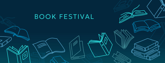 Book festival background with stacked library books for literature event banner, bookstore website header and publishing promotion or social media templates. Modern vector layout