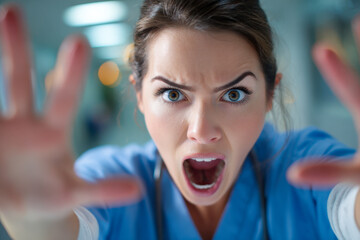 Female nurse expressing shock and alarm reaching out with open hands in a blurred hospital environment showing urgency and concern
