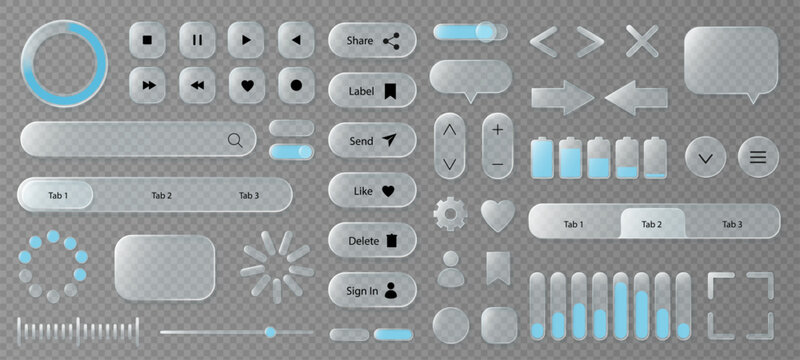 Glassmorphism UI set. Transparent glass search bar and frosted buttons for app dashboard template, realistic glossy wireframe and glass interface. Vector isolated 3D set