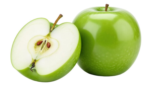 Fresh green Granny Smith apples, one cut in half isolated PNG, healthy fruit for cooking and eating on transparent background