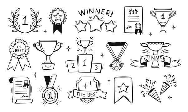 Award and winner doodle, hand drawn trophy and laurel wreath for champion banner, esports design and victory ceremony or school achievement. Vector isolated set of competition graphics, prize emblem