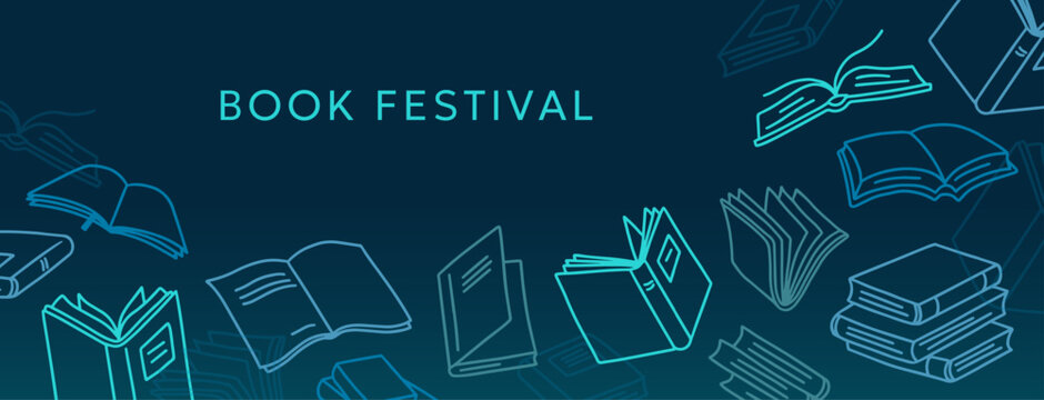 Book festival background with stacked library books for literature event banner, bookstore website header and publishing promotion or social media templates. Modern vector layout