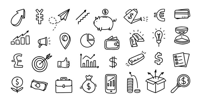 Finance and banking doodle vector icons. Hand drawn piggy bank and credit card, business chart and wallet, golden bar and coins, dollar and euro sign for fintech, budget infographic and marketing