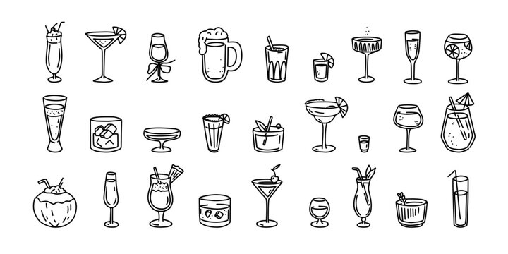 Cocktail and beverage doodle set. Hand drawn drink glasses, alcohol drinks martini, margarita and mojito, daiquiri and beer, whiskey and wine glass for bar menu. Alcohol, mocktail vector symbols
