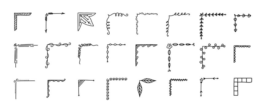Corner frame border doodle set. Floral swirls and decorative ornaments for vintage greeting card, wedding invitation template and retro banner or poster. Hand drawn vector set, curls for page divider