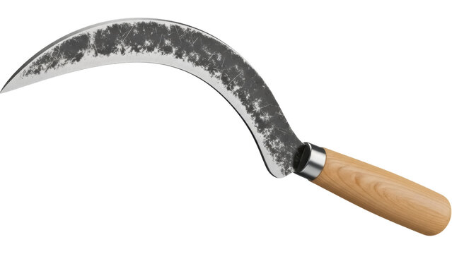 Hand forged sickle PNG isolated on transparent background, traditional farming tool with wooden handle for harvesting crops
