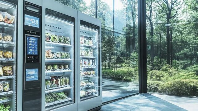 Modern vending machines offer fresh food and drinks. They stand against a stunning backdrop of a green forest.
