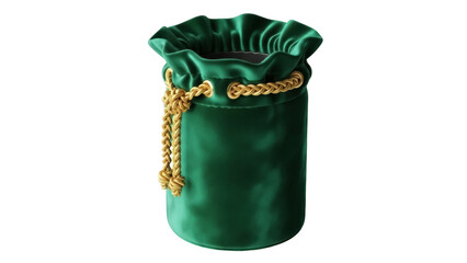 Emerald green velvet pouch with gold rope isolated PNG, elegant drawstring bag for jewelry, gifts, or fantasy game items on transparent background