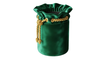Emerald green velvet pouch with gold rope isolated PNG, elegant drawstring bag for jewelry, gifts, or fantasy game items on transparent background