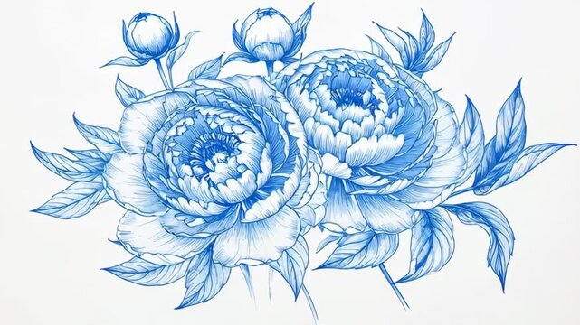 Delicate blue ink drawing of peonies and buds with detailed linework on a crisp white background, classic botanical illustration.