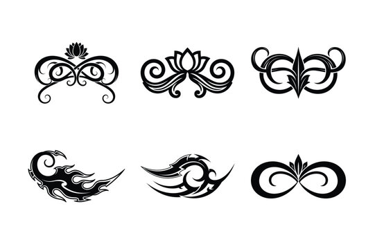 Collection of Six Black Tribal and Floral Ornate Swirl Designs for Decoration or Tattoo Art