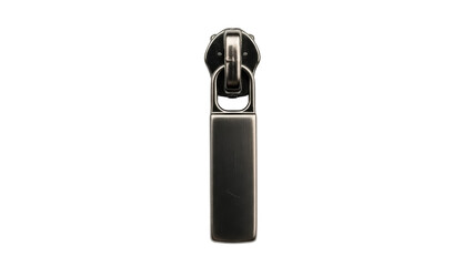 Metal zipper pull isolated PNG on transparent background, slider for clothing and fashion design projects, silver tone © Nicolae