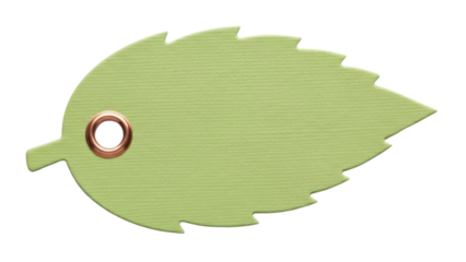 Light green leaf tag isolated PNG on transparent background, blank label with eyelet for scrapbooking and crafting projects