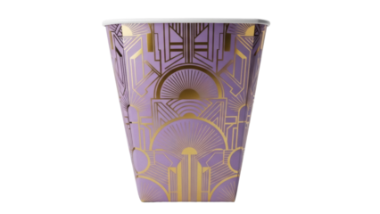 Elegant purple and gold Art Deco paper cup isolated PNG, stylish party supply for celebrations and themed events on transparent background