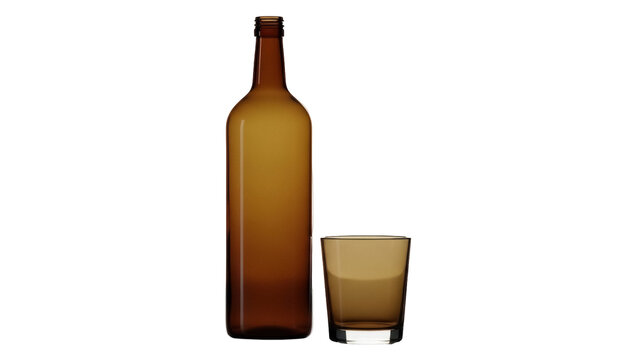 Elegant brown glass bottle and tumbler isolated PNG, minimalist glassware for drinks and home decor on transparent background
