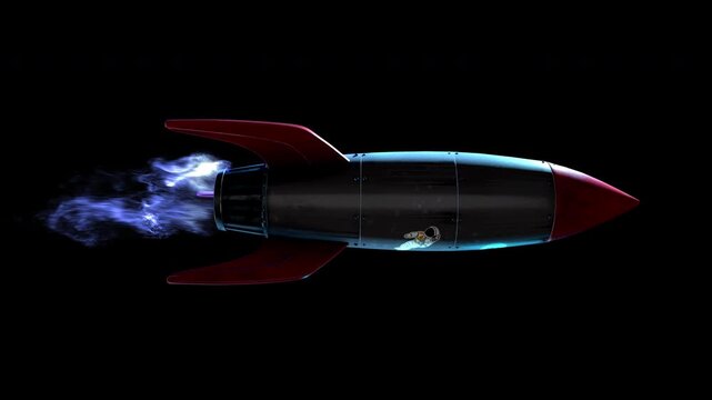 A stylised fun space rocket with a trail of blue flames and cool retro space themed stickers, on alpha for easy drag and drop.
